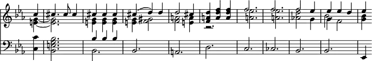 { \override Score.TimeSignature #'stencil = ##f \time 3/4 \key ees \major \partial 4 << \relative c'' << { c4 | cis4. cis8 cis4 | cis cis cis | cis( d) d | d2 cis4 <d a f> <f d a> <f d a> | f2. f2. | f2 ees4 | ees ees d | ees } \\ { <g, e>4 ~ | <g e>2. | <g e>4 <g e> <g e> | <g e> <gis f>2 | <a f> <a e>4 | r2. <ees' a,> <ees a,> | <d aes!>2 g,4 | g f2 | <g bes>4 } \\ { } \\ { s4 s2.*8 bes2. } >>
\new Staff { \clef bass \key ees \major \relative c' { <c c,>4 <bes g e bes>2. | << { bes4 bes bes } \\ { bes,2. } >> bes a d c ces bes bes ees,4 } } >> }