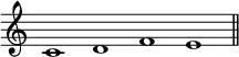 { \override Score.TimeSignature #'stencil = ##f \cadenzaOn c'1 d' f' e' \bar "||" }