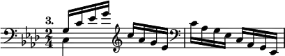 { \key aes \major \time 2/4 \tempo "3." \clef bass \relative g { << { g16 c ees g } \\ { c,,4 } >> \clef treble c''16 aes g ees | \clef bass c aes g ees c aes g ees } }