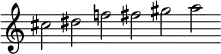 { \override Score.TimeSignature #'stencil = ##f \cadenzaOn cis''2 dis'' f''! fis'' gis'' a'' }