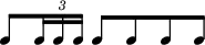 { \override Score.TimeSignature #'stencil = ##f \new RhythmicStaff \stopStaff c8[ \override TupletBracket #'bracket-visibility = ##f \times 2/3 { c16 c c] } c8[ c c c] }