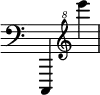 { \override Score.TimeSignature #'stencil = ##f \time 2/4 \clef bass c,,4 \clef "treble^8" e'''' }