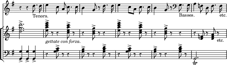 << \override Score.TimeSignature #'stencil = ##f \time 3/4 \override Score.Rest #'style = #'classical \override Score.BarNumber #'break-visibility = #'#(#f #f #f)
\new Staff { \key g \major \relative d'' { \autoBeamOff r4 r d8._"Tenors." d16 | e4 c8 a c8. c16 | b4 g8 r d'16.*2 d16 | e4 c8[ a] c8. c16 | b4 g8 r \clef bass g,8._"Basses." g16 | a4 f8 d f8. f16_"etc." } }
\new ChoirStaff <<
  \new Staff { \key g \major \relative d'' { <d g d'>2.-> | <e a c e>8->_\markup { \italic "gettate con forza." } r r4 <c e a c>8-> r | r4 <b d g>8-> r r4 | <e a c e>8-> r r4 <c e a c>8-> r | r4 <b d g>8-> r r4 | r4 <f d>8 r <a f d> r_"etc." } }
  \new Staff { \clef bass \key g \major \relative g { <g g,>4-> q-> q-> | r <g a c>8-> r r4 | <g b>8-> r r4 <g b d>8-> r | r4 <g a c>8-> r r4 | <g b>8-> r r4 <g b d>8-> r | g,2._\trill } }
  >>
>>