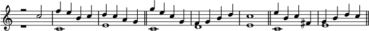 { \override Score.TimeSignature #'stencil = ##f \time 4/4 \relative c'' << { r2 c f4 e b c d c a g \bar "||" g' e c g f g b d c1 \bar "||" e4 b c fis, g b d c \bar "||" } \\ { r1 c, e c d e c e } >> }