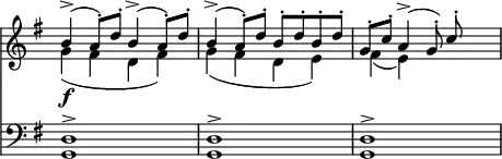 { \override Score.TimeSignature #'stencil = ##f \key g \major << \relative b' << { b4->( a8-.) d-. b4->( a8-.) d-. b4->( a8-.) d-. b-. d-. b-. d-. g,-. c-. a4->( g8-.) c-. } \\ { g4\f( fis d fis) g( fis d e) fis( e) } >>
\new Staff { \clef bass \key g \major \relative d { <d g,>1^> <d g,>^> <d g,>^> } } >> }