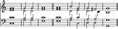 { \override Score.TimeSignature #'stencil = ##f << \relative g' << \cadenzaOn { g\breve \bar "|" g2 g \bar "|" a1 \bar "||" a\breve \bar "|" b2 g \bar "|" g fis \bar "|" g1 \bar "||" } \\ { e\breve d2 d f1 f\breve d2 e d2. c4 b1 } >>
\new Staff { \clef bass \relative c' << { c\breve b2 b c1 c\breve b2 c a a g1 } \\ { c,\breve g'2 g f1 f\breve g2 c, d d g,1 } >> } >> }