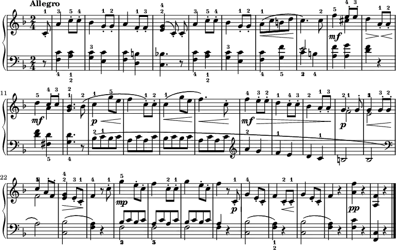 \new PianoStaff <<
\new Staff { \time 2/4 \key f \major \partial 8 \tempo "Allegro" \relative c' {
  c8-.-1 | a'4-3 c8-.-5 c-.-4 |
  bes4 g8-.-1 g-.-2 | a4 f8-.-1 f-.-3 |
  <e^2 g^4>4^( \autoBeamOff c8-.) c-. | \autoBeamOn
  a'4-3 c8-.-5 c-.-4 | bes4 g8-.-1 g-.-2 |
  a-1^\(\<[ c b d\!] | c4.\) c8-2 |
  f4-5\mf << { e8-.-4 e-.-3 } \\ { cis4 } >> |
  d4\> a8-.-1\< a-.-2 |
  d4-5\mf << { c8-.-4\> c-.-3 } \\ { a4 } >> |
  <bes^2 g^1>4.\! bes8-2^\( | c4-1\p\< g'8-5 e\! |
  f4 c8-.-1\) c-.-2 | c4-1^\(\< g'8 e\! |
  f4.\)\< c8-.\! | f4-4\mf\> e8-.-3 e-.-2 |
  d4-1 c8-.-4 c-.-3 | bes4-2 a8-.-1 a-.-3\! |
  << { g4.^2\p g8-. | g4^3\< g8-.^3 g-.^2\! | c4^5 a8-. f-. } \\
     { f2^1 e^1 f^1 } >>
  <g^4 e^2>4\> e8-.-3 c-.-1\! | f4-4 r8 c'8-.-1 |
  g'4-5\mp e8-. c-. | f4 c8-.-2 c-.-1 |
  g'4 e8-. c-. | f4 r8 c,8-.-1\p\< |
  g'4-4\! e8-. c-. | f4 c8-.-2\< c-.-1 |
  g'4\! e8-. c-. | f4 r | <a f'>\pp r | <f a,> r \bar "|." } }
\new Staff { \clef bass \key f \major \relative f {
  r8 | <f c'_4>4 <a_2 c_1> | <g-3 c> <e c'> |
  <f c'> <d b'> | <c bes'!>4. r8 |
  <f c'_4>4 <a_2 c_1> | <g-3 c> <e c'> |
  <f_4 c'> <g_5 f'> | << { e'2_2^( } \\ { c4_3\( b_4 } >>
  <a f'>4)\) <a g'> | <d f> r |
  q <fis,_5 d'> | <g_4 d'>4. r8 |
  bes-2\([ c-1 bes c] | a[ c a c] |
  bes[ c bes c] | a[ c a c] \clef treble
  a'4-2 g | f-1 e d c-1 | b2 bes \clef bass | a\) |
  <bes c,>( | <a f>4) r |
  << { bes8_2\([ c bes c] | a_3[ c a c] | bes[ c bes c] | a4 } \\
     { f2_5 f_5 f f4 } >> r
  <bes c,>2( | <a_1 f_2>4) r |
  <bes c,>2( | <a f>4) r |
  <f c'> r <c f,> r } }
>> 