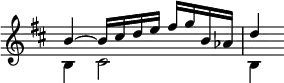 { \override Score.TimeSignature #'stencil = ##f \time 3/4 \key b \minor \relative b' << { b4 ~ b16 cis d e fis g b, aes d4 } \\ { b,4 cis2 b4 } >> }