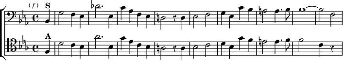 
\layout {
  \context { \Score \remove "Timing_translator" \remove "Default_bar_line_engraver" }
  \context { \Staff \consists "Timing_translator" \consists "Default_bar_line_engraver" } }
\header { tagline = ##f }
\score { \new ChoirStaff << \override Score.Rest #'style = #'classical
  \new Staff \relative b, { \clef bass \key ees \major \time 4/4 \partial 4 \mark \markup \tiny { ( \italic f ) }
    bes4^\markup \bold "S" | g'2 f4 ees | des'2. ees,4 |
    c' aes f ees | d!2 r4 d | ees2 f |
    g4 ees c' bes | a2 a4. bes8 | bes1 ~ | bes2 f }
  \new Staff \relative f { \clef tenor \key ees \major \partial 4
    f4^\markup \bold "A" | d'2 c4 bes | aes'2. bes,4 |
    g' ees c bes | a2 r4 a4 | bes2 c |
    d4 bes g' f | e2 e4. f8 | f2*2/1 \bar "" c4*2/1 r } >> }