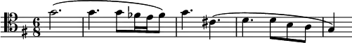 { \time 6/8 \key g \major \clef tenor \relative g' { g2.\( | g4. g8 fes16 e fes8\) | g4. cis,\( | d d8 b a | g4\) } }