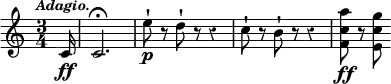 { \time 3/4 \override Score.Rest #'style = #'classical \tempo \markup { \smaller \italic Adagio. } \partial 16 \relative c' { c16\ff c2.\fermata | e'8-!\p r d-! r r4 c8-! r b-! r r4 | <f c' a'>8\ff r <e c' g'> } }