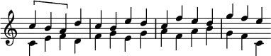 { \new Staff << \override Score.TimeSignature #'stencil = ##f \time 4/4
\new Voice \relative c'' { \stemUp
  \[ c4 b a \] d | c b e d | c f e d | g f e }
\new Voice \relative c' { \stemDown
  c4 e f d | f g e g | a f a b | g f c } >> } 