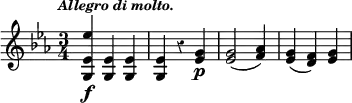 { \time 3/4 \key ees \major \override Score.Rest #'style = #'classical \tempo \markup { \smaller \italic "Allegro di molto." } \relative g { <g ees' ees'>4\f <g ees'> <g ees'> <g ees'> r <g' ees>\p <g ees>2( <aes f>4) <g ees>4( <f d>) <g ees> } }