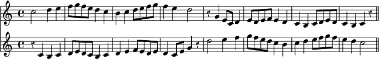 { \override Score.Rest #'style = #'classical \time 4/4 << \relative c'' { c2 d4 e | f8 g f e d4 c | b c d8 e f g | f4 e d2 | r4 g, e8 c d4 | e8 d e f e4 d | c b c8 d e d | c4 b c r \bar "||" }
\new Staff { \relative c' { r4 c b c | d8 e d c b4 c | d e f8 e d e | d4 c8 e g4 r | d'2 e4 f | g8 f e d c4 b | c d e8 f g f | e4 d c2 | } } >> }