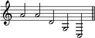 { \override Score.TimeSignature #'stencil = ##f \time 6/2
 a'2 a' d' g c \bar "||" }