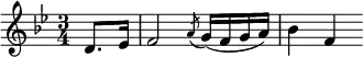 { \time 3/4 \key bes \major \partial 4 \relative d' { d8. ees16 | f2 \acciaccatura a8 g16( f g a) | bes4 f | } }