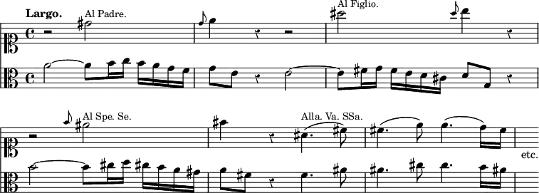 { << \new Staff \relative d'' { \clef soprano \time 4/4 \override Score.BarNumber #'break-visibility = #'#(#f #f #f) \tempo "Largo." \override Score.Rest #'style = #'classical
  r2 dis2^\markup \small "Al Padre." | \grace d8 e4 r r2 |%eol 1
  ais2^\markup \small "Al Figlio." \grace ais8 b4 r |
  r2 \grace f8 eis2^\markup \small "Al Spe. Se." %end line 2
  fis4 r ais,4.(^\markup \small "Alla. Va. SSa." cis8) |
  cis4.( e8) e4.( d16) cis | s_"etc." }
\new Staff \relative a' { \clef alto
  a2 ~ a8 b16 c b a g f | g8 e r4 e2 ~ | %end line 1
  e8 fis16 g fis e d cis d8 g, r4 |
  b'2 ~ b8 cis16 d cis! b a gis | %end line 2
  a8 fis r4 fis4. ais8 | ais4. cis8 cis4. b16 ais! | s } >> }