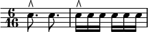 { \time 6/16 \override Score.Clef #'stencil = ##f \clef bass
 e8.^\rtoe e | e16^\rtoe e e e e e }