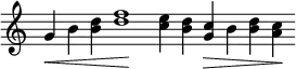 { \override Score.TimeSignature #'stencil = ##f \relative g' { \cadenzaOn g4\< b <b d> <d f>1\! <c e>4 <b d> <g c>\> b <b d> <a c>\! } }