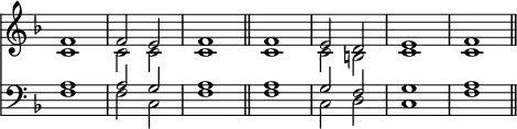 { \override Score.TimeSignature #'stencil = ##f \time 2/2 \key f \major << \relative f' << { f1 f2 e f1 \bar "||" f e2 d e1 f \bar "||" } \\ { c1 c2 c c1 | c c2 b c1 c } >>
\new Staff { \clef bass \key f \major \relative a << { a1 a2 g a1 | a g2 f g1 a } \\ { f1 f2 c f1 | f c2 d c1 f } >> } >> }