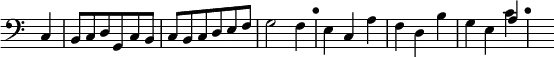 \relative c { \clef bass \time 3/4 \override Score.TimeSignature #'stencil = ##f \partial 4
  c4 | b8 c d g, c b | c b c d e f | g2 f4 | \mark "•"
  e c a' | f d b' | g e << { a } \\ { c } >> \mark "•" s16 }