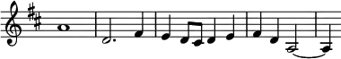 { \override Score.TimeSignature #'stencil = ##f \time 4/4 \key d \major \relative a' { a1 d,2. fis4 e d8 cis d4 e fis d a2 ~ a4 } }