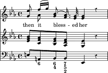 { \override Score.Rest #'style = #'classical \time 4/4 \key ees \major << \relative e'' << \autoBeamOff { <ees g,>8 f16([ g)] <bes, g>8( <aes f>16.) <g ees>32 <g ees>4 r } \\ { s8 aes } >> \new Lyrics \lyricsto "1" { then it bless -- ed her } 
\new Staff { \clef treble \key ees \major \relative g' { <bes g ees>8 <aes f c> <g ees bes> <f d aes> <ees g,>4 r } }
\new Staff { \clef bass \key ees \major \relative e { e8 a, bes bes ees,4 r } } 
\figures { < _ >8 < 6 > <6 4> <7 5 2> } >> }