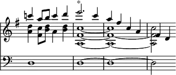 { \override Score.TimeSignature #'stencil = ##f \time 4/4 \key g \major << \relative c''' << { c!4 a8 b c4 d e2.^"*" c4 a fis c a fis d } \\ { <d' a>4 <c fis,>8 <b d> a4 q <c ~ fis, ~ a, ~ >1 <c fis, ~ a, ~ > <c fis, a,> 2 } >>
\new Staff { \clef bass d1 d ~ d ~ d2 } >> }