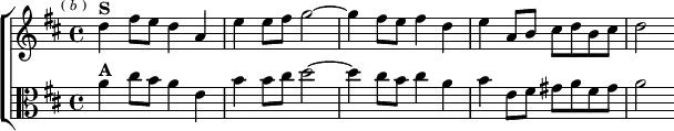  \new ChoirStaff <<
  \new Staff \relative d'' { \key d \major \time 4/4 \mark \markup \tiny { ( \italic b ) }
    d4^\markup \bold "S" fis8 e d4 a | e' e8 fis g2 ~ |
    g4 fis8 e fis4 d | e a,8 b cis d b cis | d2 }
  \new Staff \relative a' { \clef alto \key d \major
    a4^\markup \bold "A" cis8 b a4 e | b' b8 cis d2 ~ |
    d4 cis8 b cis4 a | b e,8 fis gis a fis gis | a2 } >>