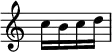 { \time 1/4 \override Score.TimeSignature #'stencil = ##f c''16[ b' c'' d''] \bar "|" }