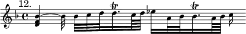 { \mark "12." \key f \major \time 4/4 \relative b' {
  <bes f d>4 ~ bes32\noBeam bes c d d16.\trill c64 d ees16 a,32 bes bes16.\trill a64 bes c16\noBeam } }