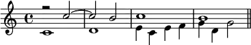 { \time 4/4 \relative c'' << { r2 c ~ c b c1 b \bar "||" } \\ { c,1 d e4 c e f g d g2 } >> }