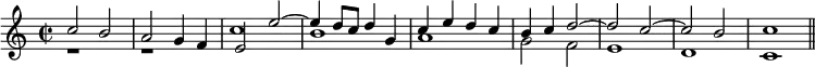 { \time 2/2 << \relative c'' { c2 b | a g4 f e2 e' ~ | e4 d8 c d4 g, | c e d c | b c d2 ~ | d c ~ | c b | c1 \bar "||" } \\ \relative c'' { r1 | r | c | b | a | g2 f | e1 | d | c } >> }