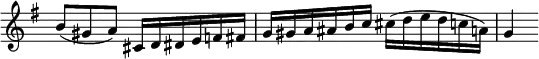 { \override Score.TimeSignature #'stencil = ##f \time 6/8 \key g \major \relative b' { b8( gis a) cis,16 d dis e f fis | g gis a ais b c cis( d e d c a) | g4 } }