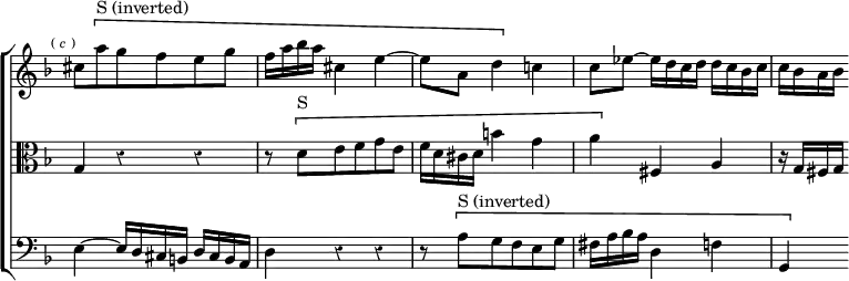 \new ChoirStaff << \override Score.TimeSignature #'stencil = ##f \override Score.Rest #'style = #'classical
  \new Staff \relative c'' { \key d \minor \time 3/4 \mark \markup \tiny { (\italic"c") }
    cis8 \[ a'^"S (inverted)" g f e g | f16 a bes a cis,4 e ~ |
    e8 a, d4 \] c! | c8 ees ~ ees16 d c d d c bes c | c bes a bes }
  \new Staff \relative f { \clef alto \key d \minor
    g4 r r | r8 \[ d'^"S" e f g e | f16 d cis d b'4 g |
    a \] fis, a | r16 g fis g }
  \new Staff \relative e { \clef bass \key d \minor
    e4 ~ e16 d cis b d cis b a | d4 r r |
    r8 \[ a'^"S (inverted)" g f e g | fis16 a bes a d,4 f | g, \] } >>