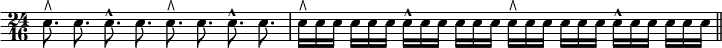 { \time 24/16 \override Score.Clef #'stencil = ##f \clef bass
\autoBeamOff
 e8.^\rtoe e e^^ e e^\rtoe e e^^ e |
 e16[^\rtoe e e] e[ e e] e[^^ e e] e[ e e]
 e[^\rtoe e e] e[ e e] e[^^ e e] e[ e e] \bar "||" }