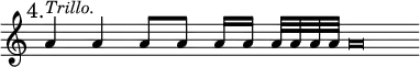 { \mark "4." \override Score.TimeSignature #'stencil = ##f \relative a' { \cadenzaOn \override Staff.NoteHead.style = #'baroque
  a4^\markup \italic "Trillo." a a8[ a] a16[ a] a32[ a a a] a\breve } }