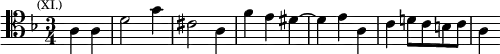 \relative a { \clef tenor \key d \minor \time 3/4 \partial 2 \mark \markup \tiny { (XI.) } a4 a | d2 g4 | cis,2 a4 | f' e dis ~ | dis e a, | c d!8 c b c | a4 }