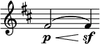 { \override Score.TimeSignature #'stencil = ##f \time 8/4 \key d \major \slurUp fis'2\p\<( s2 fis'4\sf) }