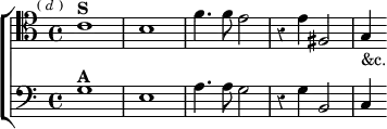  \new ChoirStaff << \override Score.Rest #'style = #'classical
  \new Staff \relative c' { \clef tenor \key c \major \time 4/4 \mark \markup \tiny { (\italic"d") }
    c1^\markup \bold "S" b | f'4. f8 e2 | r4 e fis,2 | g4_"&c." }
  \new Staff \relative g { \clef bass \key c \major
    g1^\markup \bold "A" e | a4. a8 g2 | r4 g b,2 | c4 } >>