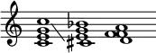 { \override Score.TimeSignature #'stencil = ##f \time 4/1 \relative c'' { << { c1 \glissando cis, d } \\ { <c e g>1 <e g bes> <f f a> } >> } }