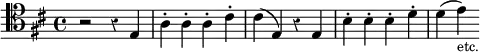 { \override Score.Rest #'style = #'classical \time 4/4 \key d \major \clef tenor \relative e { r2 r4 e | a-. a-. a-. cis-. | cis( e,) r e | b'-. b-. b-. d-. | d( e)_\markup { \smaller etc. } } }