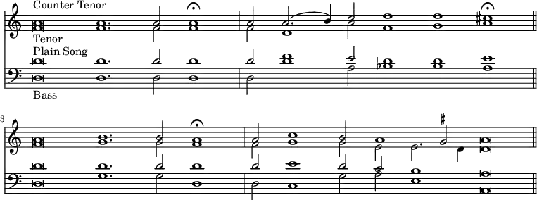 << \override Score.TimeSignature #'stencil = ##f \time 5/1 \new Staff << \new Voice { \stemUp \relative a' { a\breve^"Counter Tenor" a1. a2 a1\fermata | a2 a2.^( b4) c2 d1 d cis\fermata \bar "||" \break
a\breve b1. b2 a1\fermata | a2 c1 b2 a1 \set suggestAccidentals = ##t gis2 a\breve*1/2 \bar "||" } }
\new Voice { \stemDown \relative f' { f\breve_"Tenor" f1. f2 f1 | f2 d1 a'2 f1 g a | f\breve g1. g2 f1 | f2 g1 g2 e2 e2. d4 d\breve*1/2 } } >>
\new Staff << \clef bass \new Voice { \stemUp \relative d' { d\breve^"Plain Song" d1. d2 d1 | d2 f1 e2 d1 d e | d\breve d1. d2 d1 | d2 e1 d2 c b1 a\breve*1/2 } }
\new Voice { \stemDown \relative d { d\breve_"Bass" d1. d2 d1 | d2 d'1 a2 bes1 bes a | d,\breve g1. g2 d1 | d2 c1 g'2 a e1 a,\breve*1/2 } } >> >>