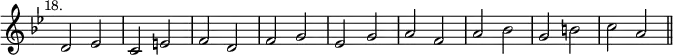 { \override Score.TimeSignature #'stencil = ##f \time 2/2 \key bes \major \relative c' { \mark \markup \small "18." d2 ees | c e | f d | f g | ees g | a f | a bes | g b | c a \bar "||" } }