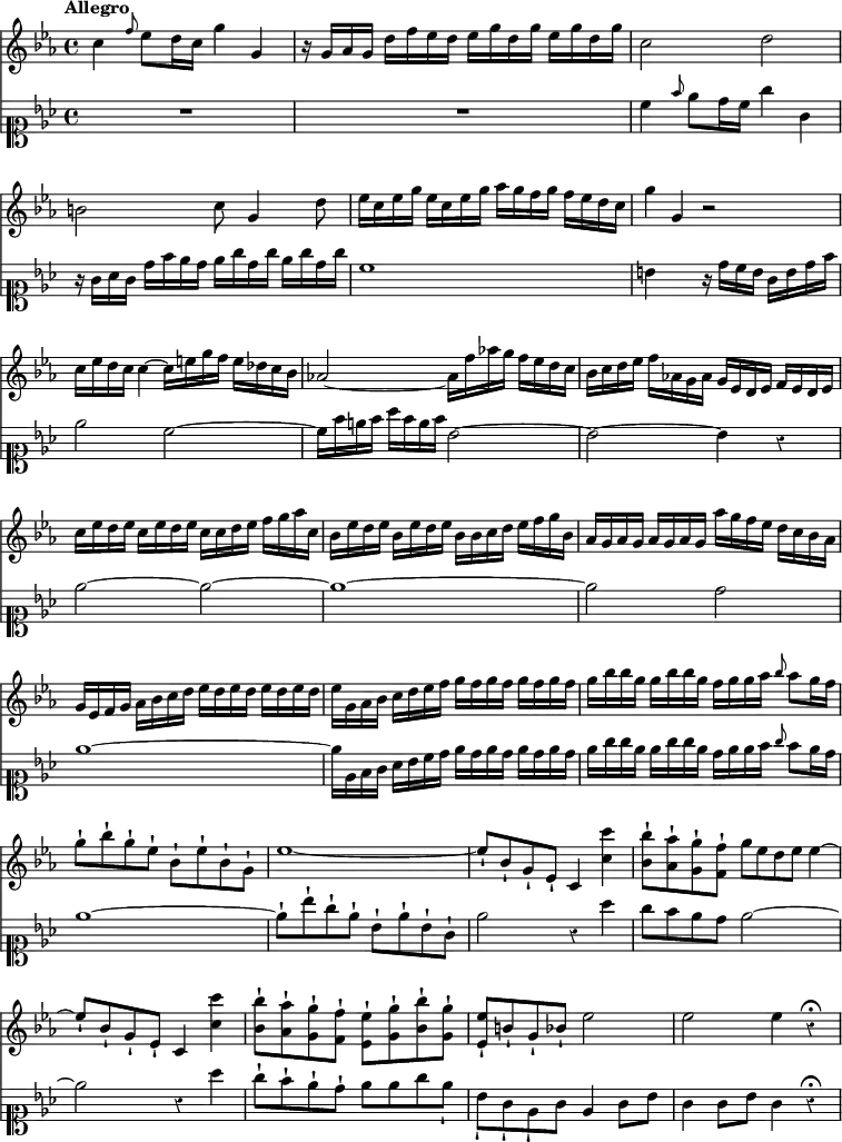 { << \new Staff \relative c'' { \key ees \major \time 4/4 \tempo "Allegro" \override Score.Rest #'style = #'classical \override Score.BarNumber #'break-visibility = #'#(#f #f #f)
  c4 \grace f8 ees d16 c g'4 g, |
  r16 g aes g d' f ees d ees g d g ees g d g | %end line 1
  c,2 d | b c8 g4 d'8 | %end line 2
  ees16 c ees g ees c ees g aes g f g f ees d c | g'4 g, r2 |%eol3
  c16 ees d c c4 ~ c16 e g f e des c bes |
  aes!2 ~ aes16 f' aes! g f ees d c | %end column 1
  bes c d ees f aes,! g aes g ees d ees f ees d ees |
  c' ees d ees c ees d ees c c d ees f g aes c, | %end line 1
  bes ees d ees bes ees d ees bes bes c d ees f g bes, |
  aes g aes g aes g aes g aes' g f ees d c bes aes | %end line 2
  g ees f g aes bes c d ees d ees d ees d ees d |
  ees g, aes bes c d ees f g f g f g f g f | %end line 3
  g bes bes g g bes bes g f g g aes \grace bes8 aes g16 f |
  g8-! bes-! g-! ees-! bes-! ees-! bes-! g-! | %end line 4
  ees'1 ~ | ees8_! bes_! g_! ees_! c4 <c' c'> |
  <bes bes'>8-! <aes aes'>-! <g g'>-! <f f'>-! g'8*1/2 ees d ees ees4 ~ | %end line 5
  ees8_! bes_! g_! ees_! c4 <c' c'> |
  <bes bes'>8-! <aes aes'>-! <g g'>-! <f f'>-!
    <ees ees'>-! <g g'>-! <bes bes'>-! <g g'>-! |
  <ees ees'>-! b'-! g-! bes-! ees2 | %end line 6
  ees2 ees4 r4\fermata }
\new Staff \relative c'' { \clef soprano \key ees \major
  R1 R | c4 \grace f8 ees d16 c g'4 g, |
  r16 g aes g d' f ees d ees g d g ees g d g | %end line 2
  c,1 | b4 s r16 d c b g b d f | %end line 3
  ees2 c ~ | c16 f e f aes f e f bes,2 ~ | %end column 1
  bes ~ bes4 r | ees2 ~ ees ~ | %end line 1
  ees1 ~ ees2 d | %end line 2
  ees1 ~ | ees16 ees, f g aes bes c d ees d ees d ees d ees d |%eol3
  ees g g ees ees g g ees d ees ees f \grace g8 f ees16 d | ees1 ~
  ees8-! bes'-! g-! ees-! bes-! ees-! bes-! g-! |
  ees'2 r4 aes | g8 f ees d ees2 ~ | %end line 5
  ees r4 aes | g8-! f-! ees-! d-! ees ees g ees_! |
  bes_! g_! ees_! g ees4 g8 bes | %end line 6
  g4 g8 bes g4 r\fermata } >> }