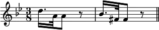 { \time 3/8 \key g \minor \relative d'' { d16. a32 a8 r | bes16. fis32 fis8 r \bar "||" } }