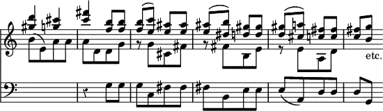 { \override Score.TimeSignature #'stencil = ##f \override Score.Rest #'style = #'classical << \new Staff { \time 2/4 \key c \major << \new Voice { \relative d''' { \stemUp <d gis,>4 <cis g> | <c fis> <b f>8 q | q^( <c e,>) <ais e> q | q^( <b dis,>) <gis d> q | q^( <a! cis,>) <fis c> q | q <g b,>_\markup { \halign #-1 "etc." } } }
\new Voice { \relative b' { \stemDown b8([ e,) a a] | a[ d, d g] | r g[ cis, fis] | r fis[ b, e] | r e[ a, d] } } >> }
\new Staff { \clef bass s2 r4 g8 g | g[ c fis fis] | fis[ b, e e] | e([ a,) d d] | d[ g,] } >> }