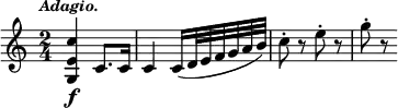 { \time 2/4 \tempo \markup { \smaller \italic Adagio. } \relative g { <g e' c'>4\f c8. c16 c4 c16( d32 e f g a b) c8-. r e-. r g-. r } }