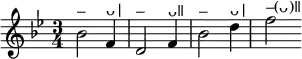 { \time 3/4 \key bes \major \relative b' { bes2^"–" f4^"ᴗ|" | d2^"–" f4^"ᴗǁ" | bes2^"–" d4^"ᴗ|" | f2^"–(ᴗ)ǁ" } }