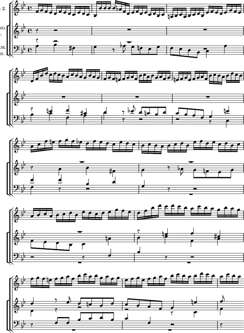 \new ChoirStaff << 
  \new Staff \with { instrumentName = \markup { \caps "Violini" 1 & 2. } }
   \relative f' { \key g \minor \time 4/4 \override Score.Rest #'style = #'classical \override Score.BarNumber #'break-visibility = #'#(#f #f #f) \partial 2.
    f16 g f ees d f ees d c ees d c | bes bes' bes bes bes aes f d ees f d ees c d bes c %eol
    a! bes c a bes c d bes ees f ees d ees g f ees |
    d f bes d c d c bes a c bes a g bes a g %eop
    f g f e f g a f bes c a bes g a f g | e f g e f g a f bes c bes a bes d c bes | %eol1
    a c f e f g f ees d f ees d c ees d c | bes c bes a bes c d bes ees f d ees c d bes c %eol2
    a bes c a bes c d bes ees d c d ees g f ees | d f bes d c d c bes a c bes a g bes a g %eol3
    f g f e f g a f bes c a bes g a f g | ees f g ees f g a f bes c bes a bes d c bes |
    a c bes a
}
  \new ChoirStaff <<
   \new Staff \with { instrumentName = \markup { \center-column { \caps "Soprano." \caps "Alto." } } }
   <<
    \new Voice \relative e'' { \key g \minor \stemUp
     r4 r2 | R1*3 %eop
     R1 R | \override MultiMeasureRest.staff-position = #4 R R %eol2
     R \revert MultiMeasureRest.staff-position r4 e f cis | %eol3
     d4 g8\rest ees d c! bes d | c bes a f g4 e' | f8 s
}
    \new Voice \relative a' { \stemDown
     s4 s2 | s1 s s %eop
     s s | r4 a bes fis | g r8 aes g f! ees g %eol2
     f ees d bes c4 a'! | bes c f, a | %eol3
     d, e\rest r2 | r r4 c | f
   } >>
   
   \new Staff \with { instrumentName = \markup { \center-column { \caps "Tenor." \caps "Bass." } } } 
   <<
    \new Voice \relative e' { \key g \minor \stemUp \clef bass
     r4 r2 | \once \override MultiMeasureRest.staff-position = #6 R1 R | r4 e f cis | %eop
     d d8\rest ees! d c! bes d | c bes a f g4 e' | f f bes, d | g, r r2 %eol2
     r2 r4 f | bes r r2 | r4 f8 f bes c d bes | c4 f, r2 | r4
}
    \new Voice \relative a { \stemDown
     a4 bes fis | g r8 aes g f! ees g | f ees d bes c4 a' | bes c f, a %eop
     d r r2 | r r4 c, | f r r2 | \override MultiMeasureRest.staff-position = #-6 R1 %eol2
     R1*4
}
    >>
  >>
>>